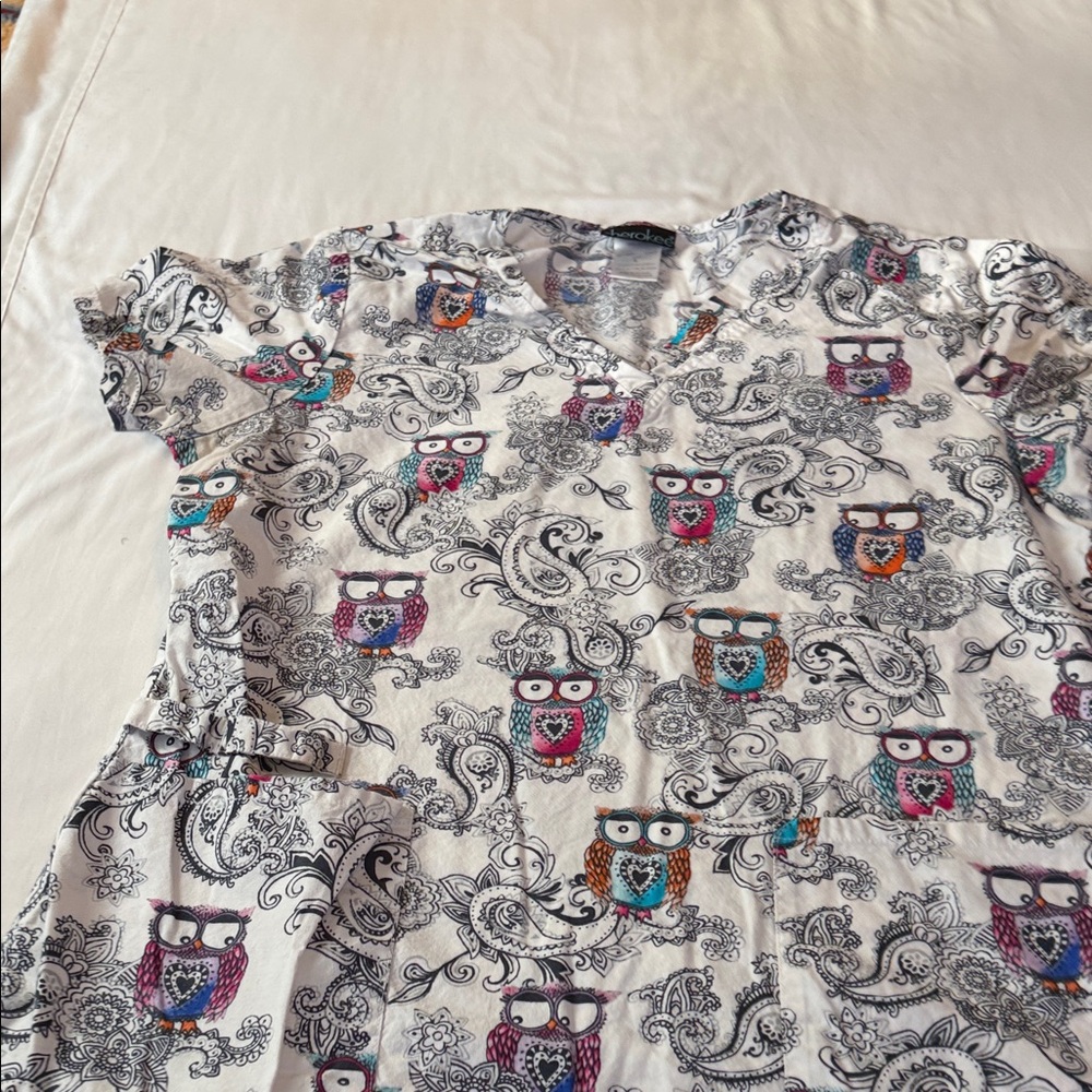 Cherokee White and Pink Owl Print Scrub Top